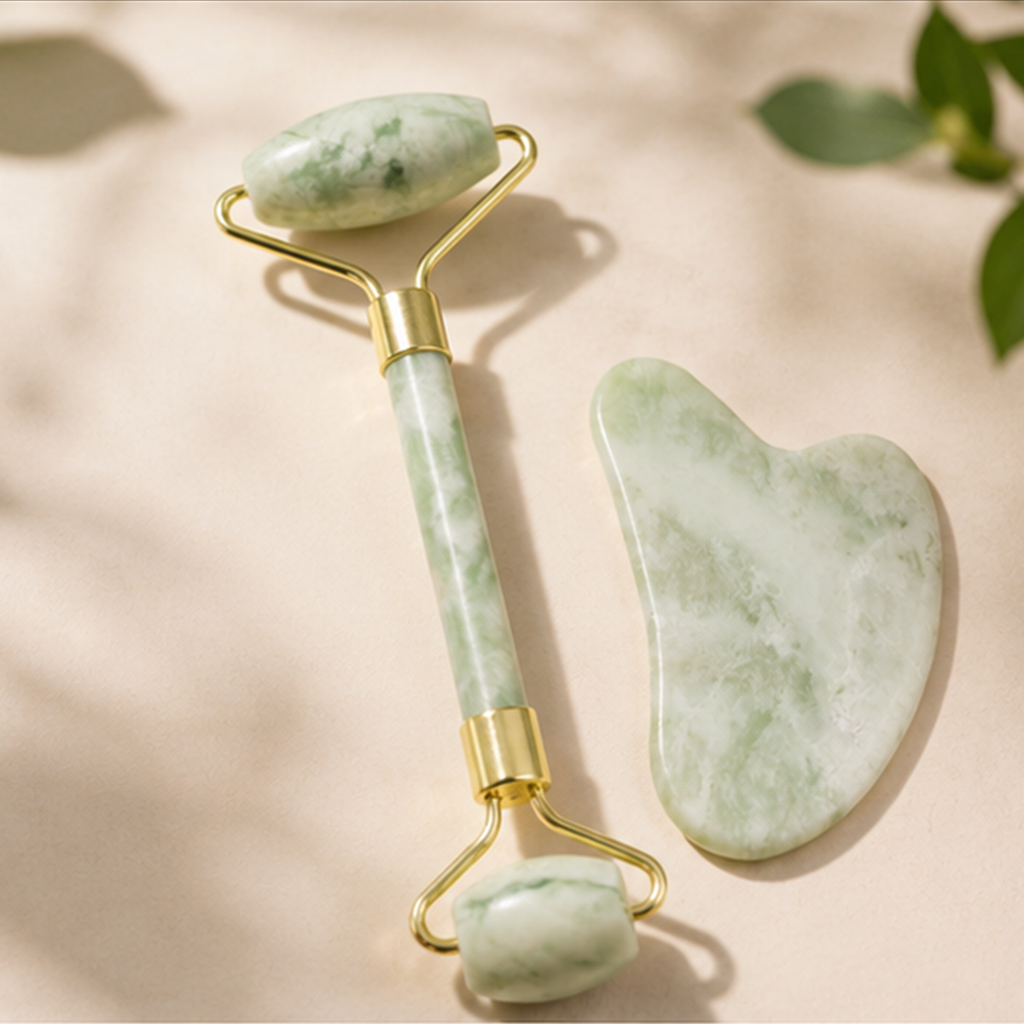White Jade Facial Roller & Gua Sha Set – Cooling Facial Massage & Self-Care Tool