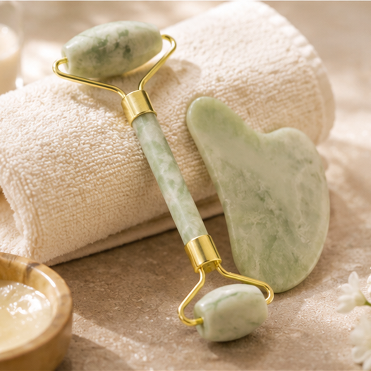 White Jade Facial Roller & Gua Sha Set – Cooling Facial Massage & Self-Care Tool